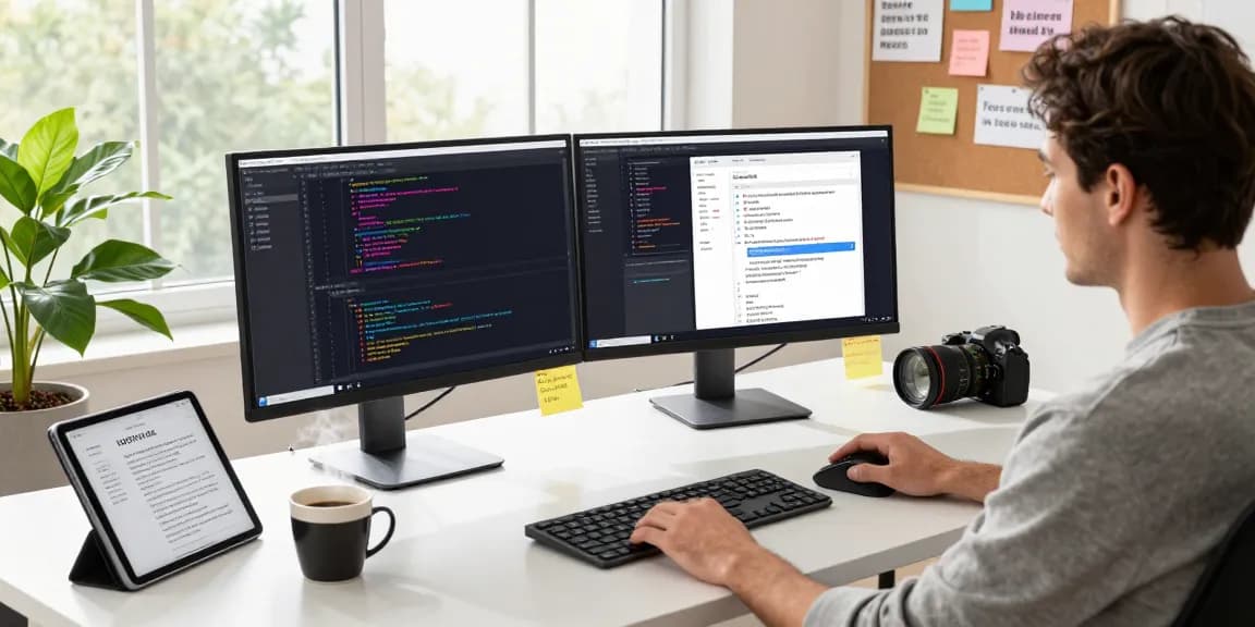Cutting-edge software developer utilizing 截图软件 in a modern workspace, showcasing vibrant code and design.