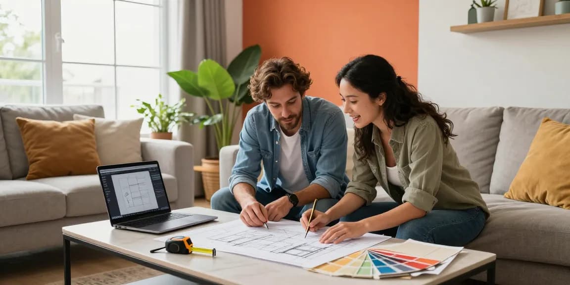Couple discussing home renovations, read more here about stylish living room transformations.
