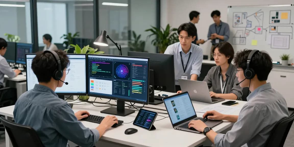 Team analyzing data on AI detector tools in a modern office.