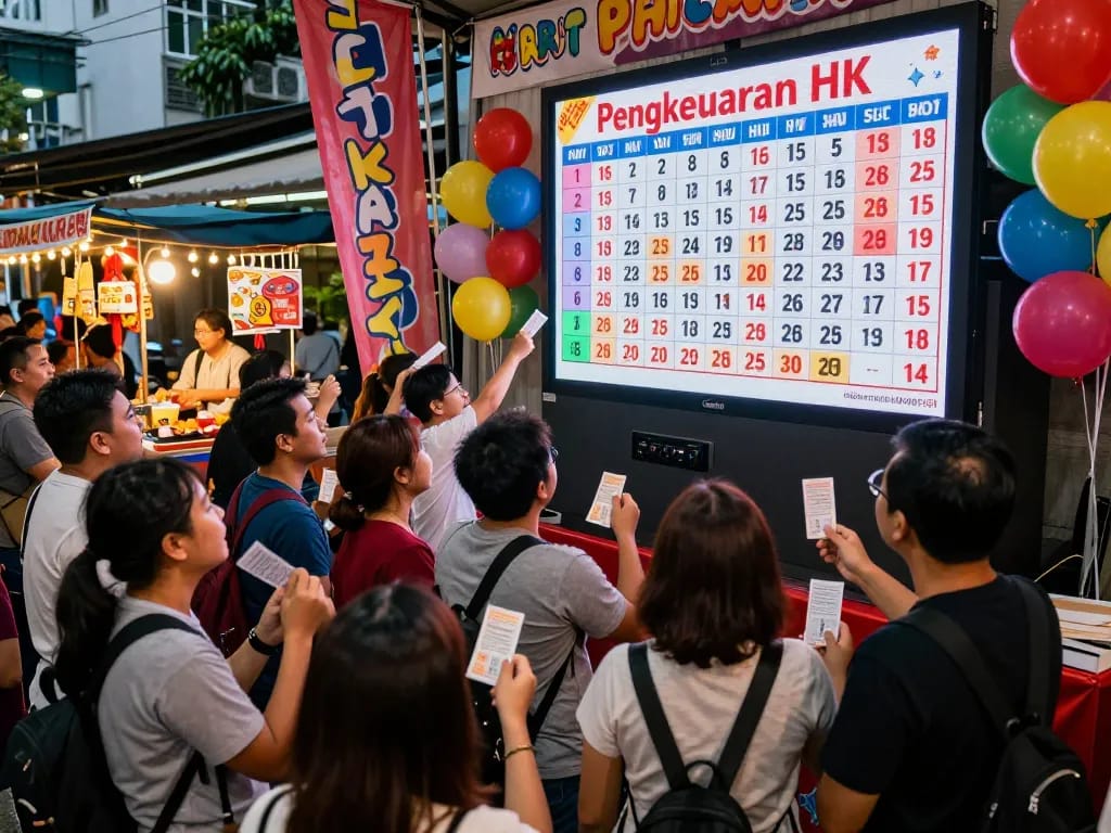 Live crowd eagerly watching Pengeluaran HK lottery draw in a vibrant urban celebration.