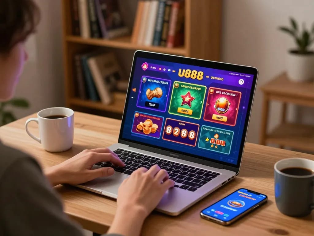 Engaging in u888 online casino gaming on laptop in a cozy home setup