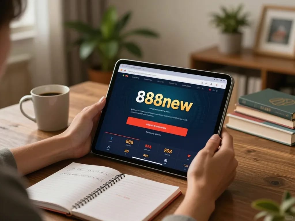 Person using 888new on a tablet in a cozy home setting, showcasing online gambling.