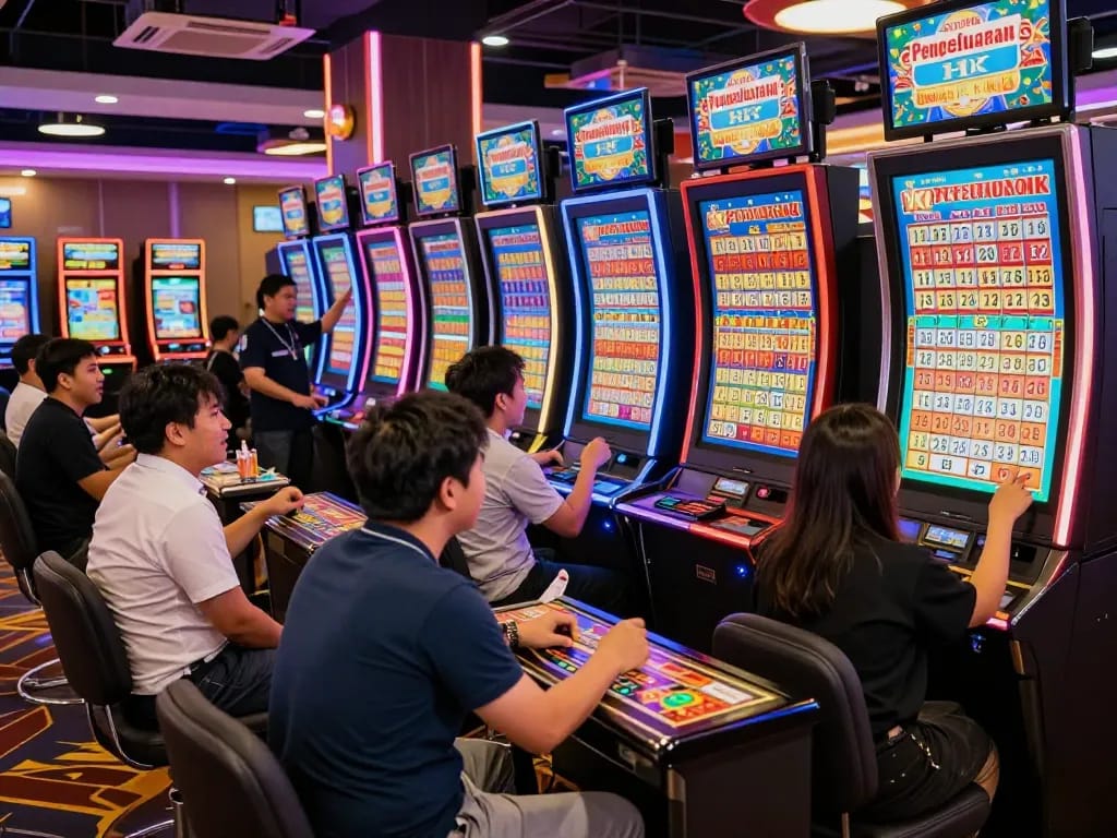 Engaged players checking Pengeluaran HK results at a lively lottery gaming hall.