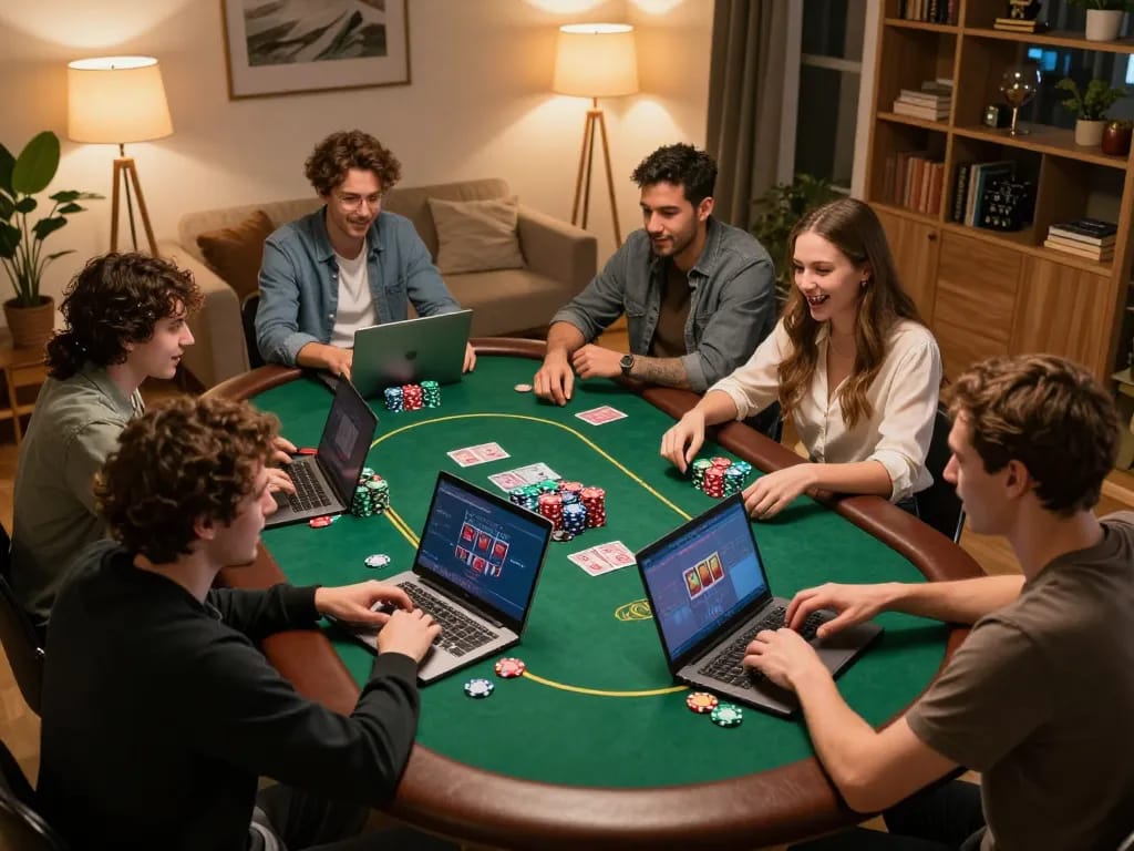 Engaged friends playing poker at home, showcasing an exciting lc88 com gaming experience.