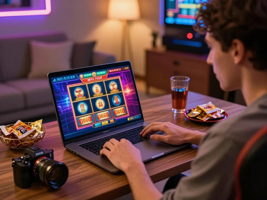 Engaged player exploring MM88 online casino games in a vibrant gaming room.