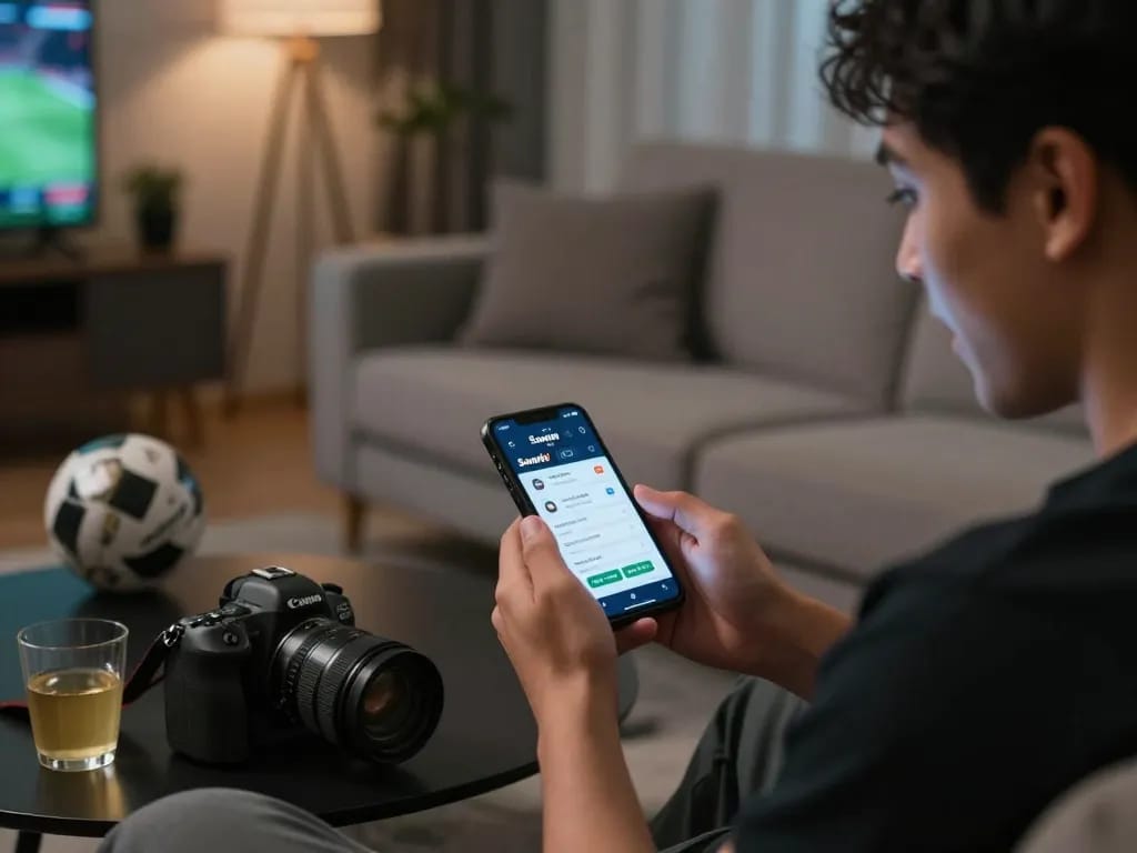 Sunwin mobile sports betting experience with engaged player at home setting.