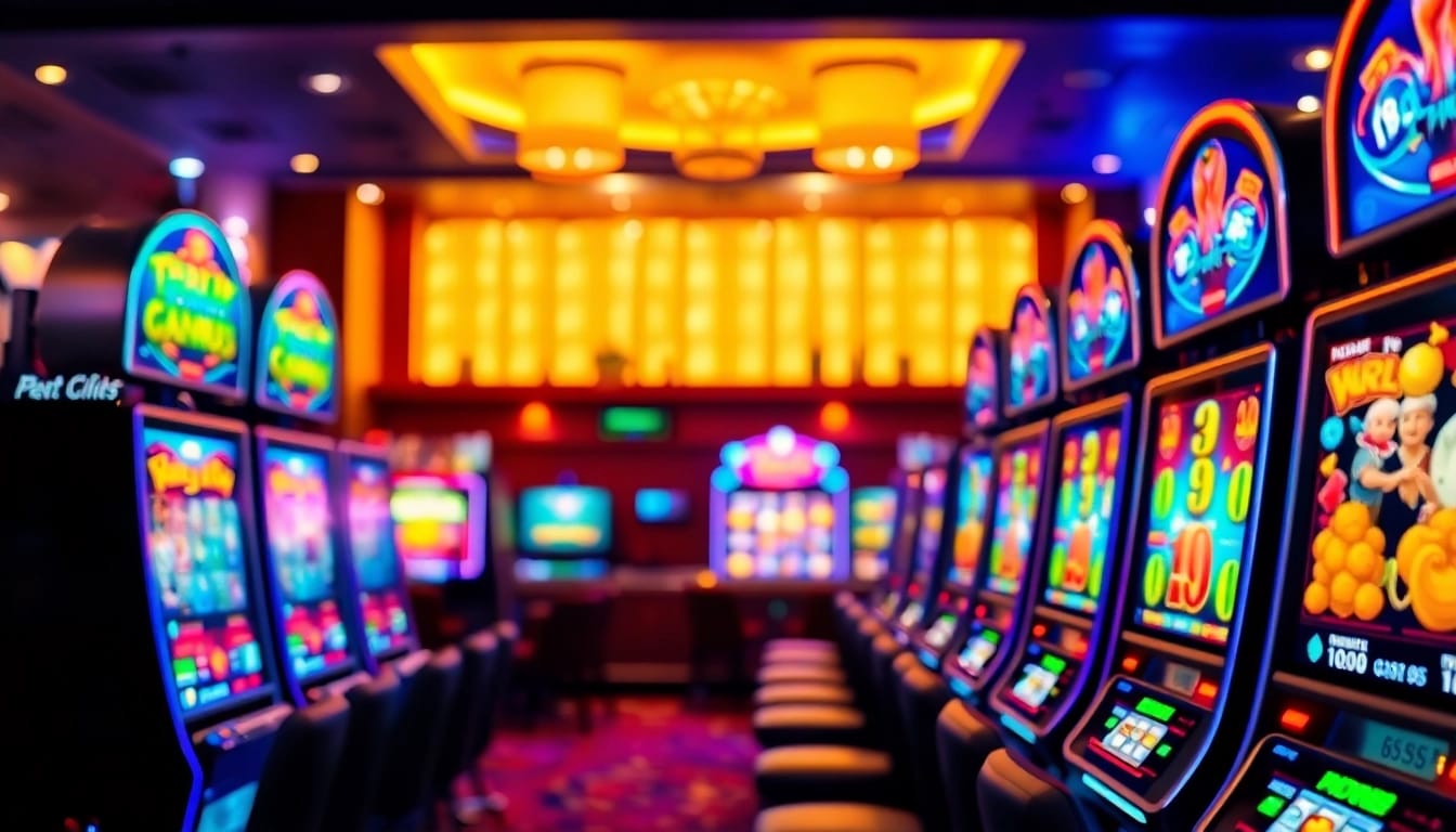 Players enjoying Non gamstop Casino Uk with colorful slot machines in a lively atmosphere.