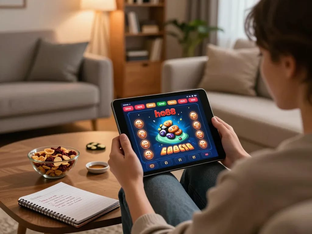 Engaging with ho88 online casino on a tablet in a cozy home setting while strategizing bets