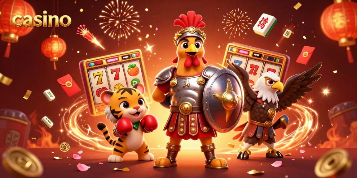 Experience the vibrant casino atmosphere with a gladiator rooster and tiger cub celebrating wins in a rich, dynamic scene.