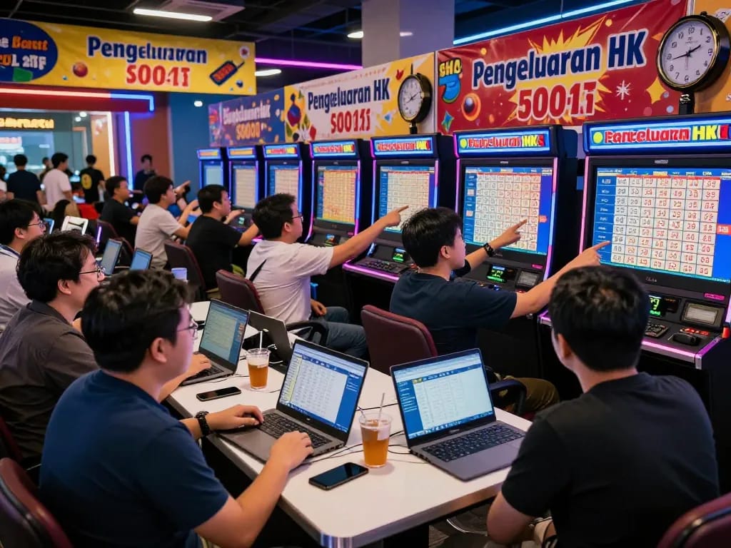 Excited players at an online lottery hub checking Pengeluaran HK results, showcasing vibrant atmosphere.
