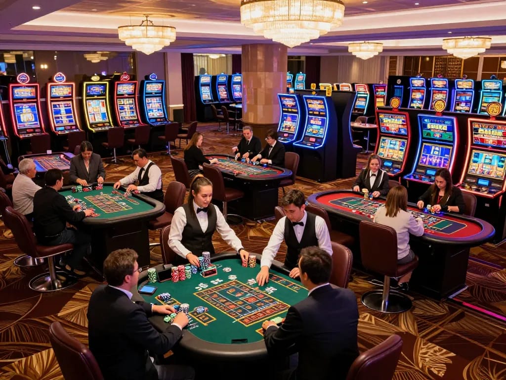 Players enjoying exciting gambling games at xo88 casino, engaging with roulette and blackjack tables.