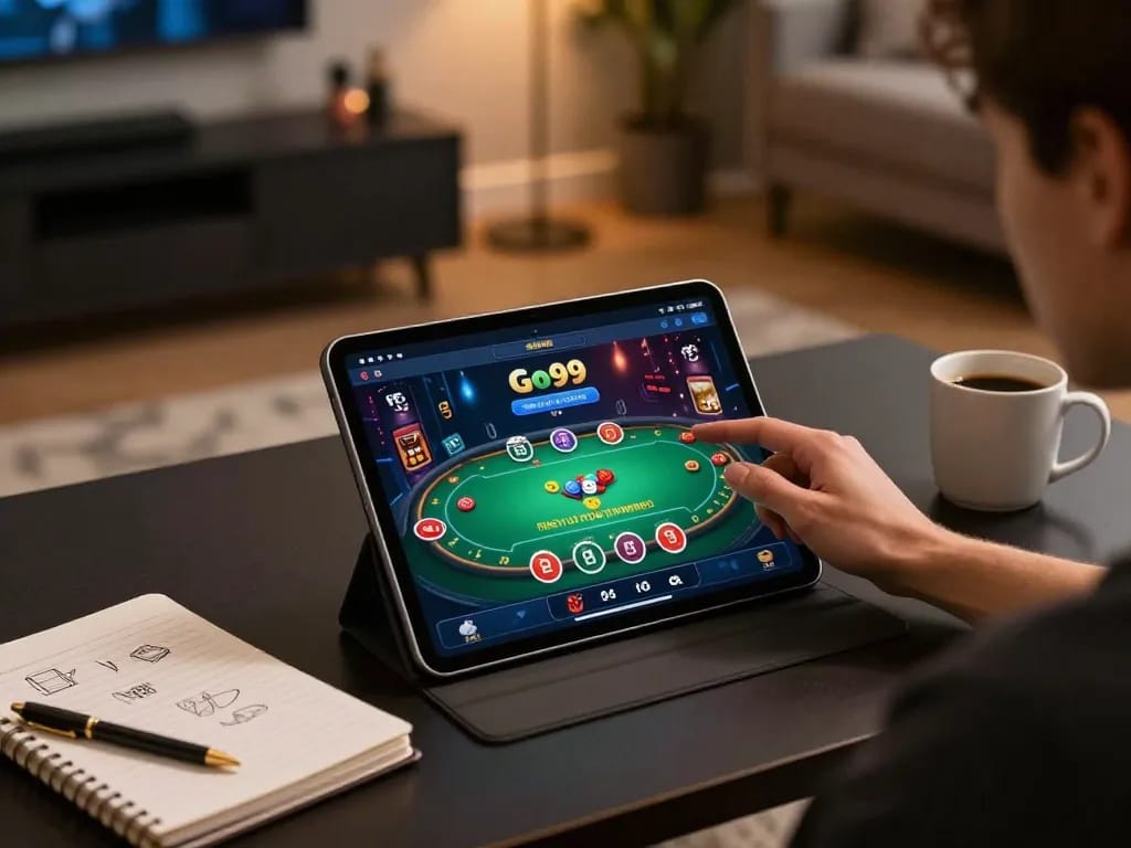 Engaged player using the Go99 app for online casino gaming, highlighting responsible entertainment.