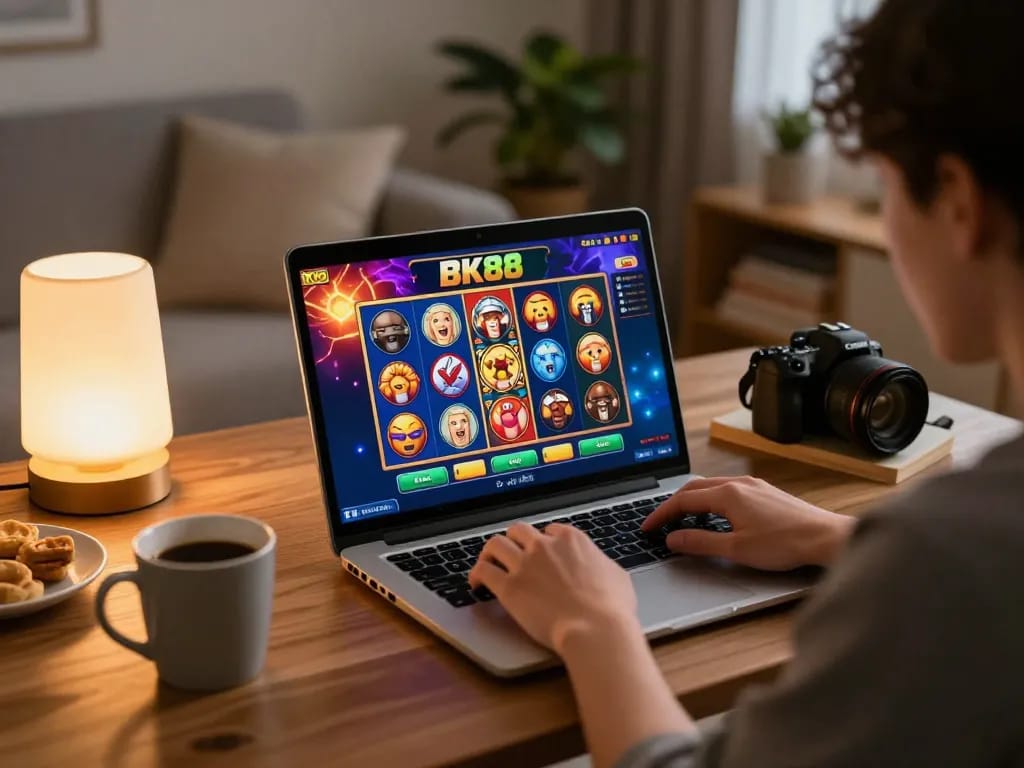 Engaging BK88 online gaming session at home, showcasing a player immersed in casino gameplay.