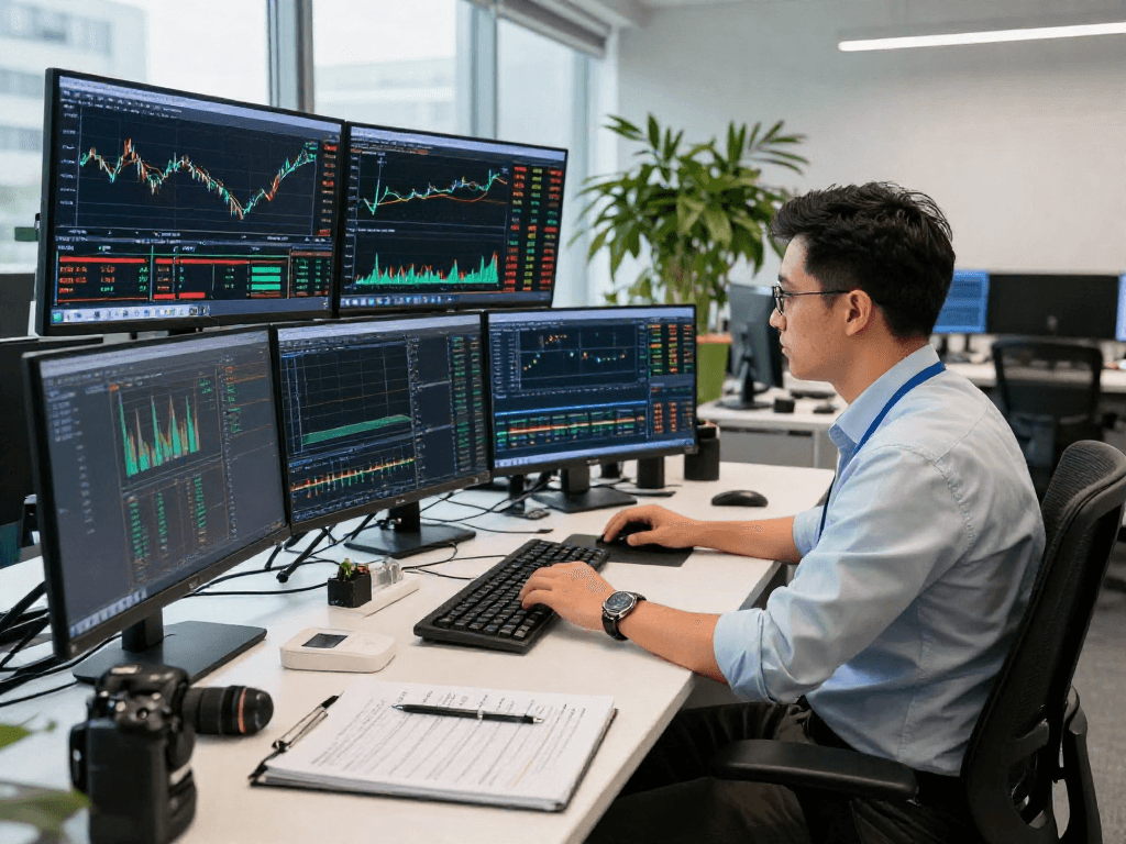 使用metatrader 5进行金融交易的专业交易员在现代办公室分析市场数据
