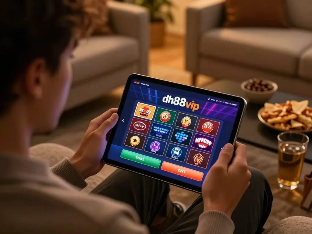 Player engaging with the dh88vip app for online casino gaming, showcasing a cozy home atmosphere.