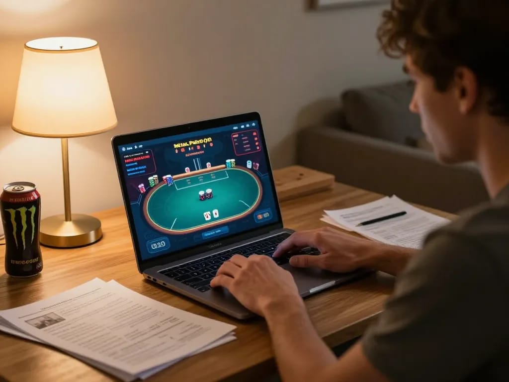 Play poker online at fabet with cozy home setup and strategic notes for better gameplay.