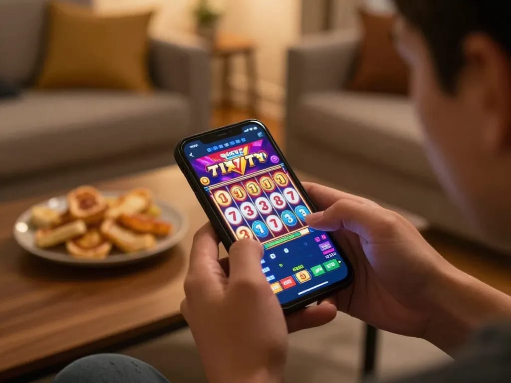 Player enjoying dynamic slot777 gaming on a smartphone in a cozy home, highlighting fun and strategy