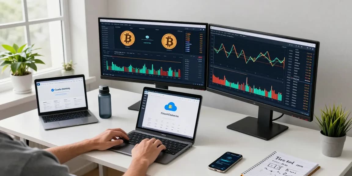 Beginner cloud mining platform displayed in a professional trading setup with crypto wallet and charts.