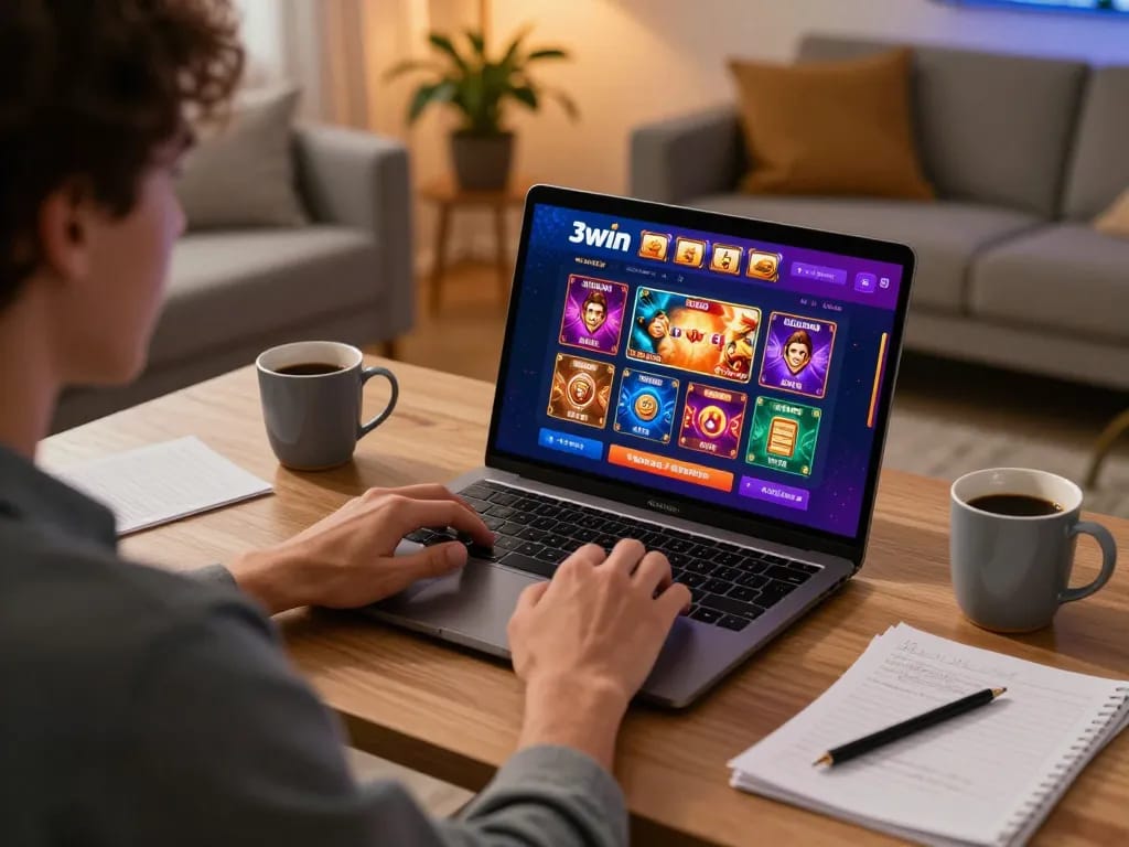Experience engaging gameplay on 3win's casino platform from a cozy home setting.