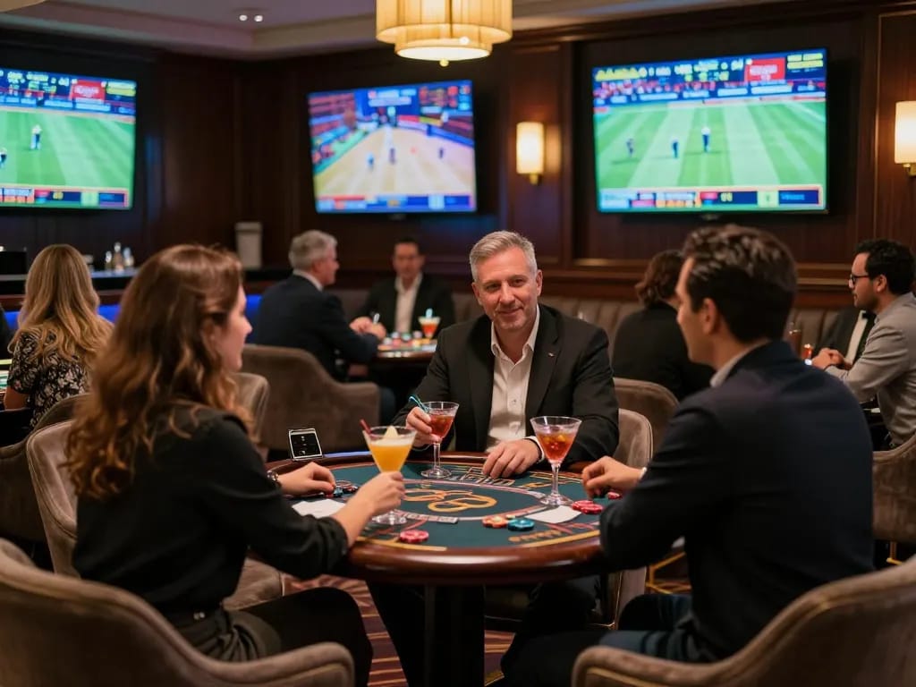 Patrons engaging in sports betting at luxury Ta88 lounge, excitement in high-stakes gaming.