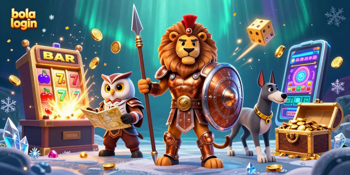 Experience thrilling bola login action with a Spartan lion and owl strategist in a dynamic casino scene.