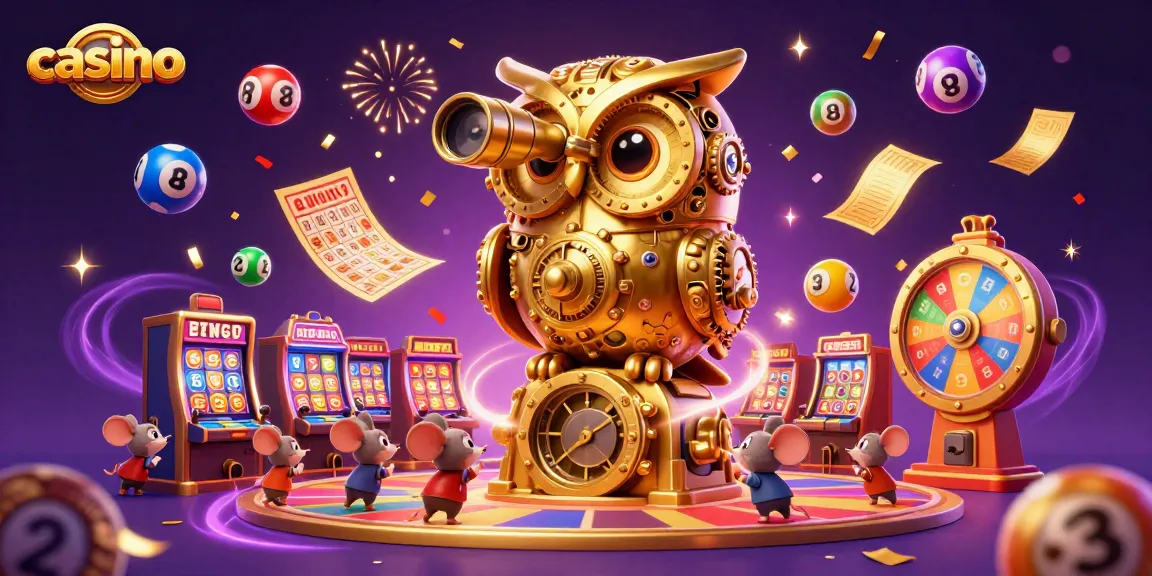 Engaging casino scene with a clockwork golden owl and whimsical patrons among slot machines.
