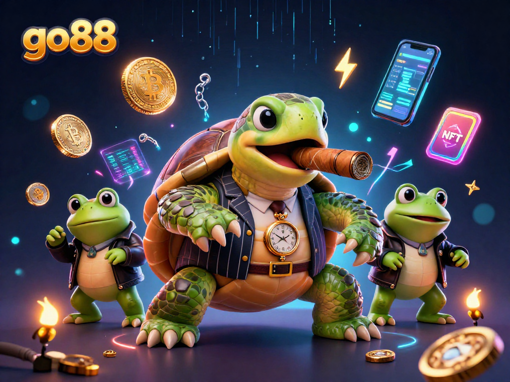 Engage with go88's vibrant 3D cartoon casino illustration featuring a turtle mobster and crypto elements.