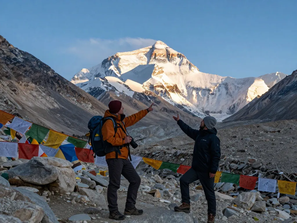Stunning view of Everest Base Camp Heli Trek with traveler and guide against the backdrop of Mount Everest.