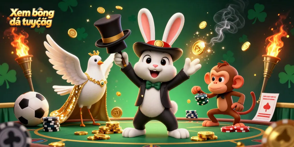 Xem bóng đá trực tiếp with a magician rabbit, assistant dove, and monkey in a vibrant sports betting scene.