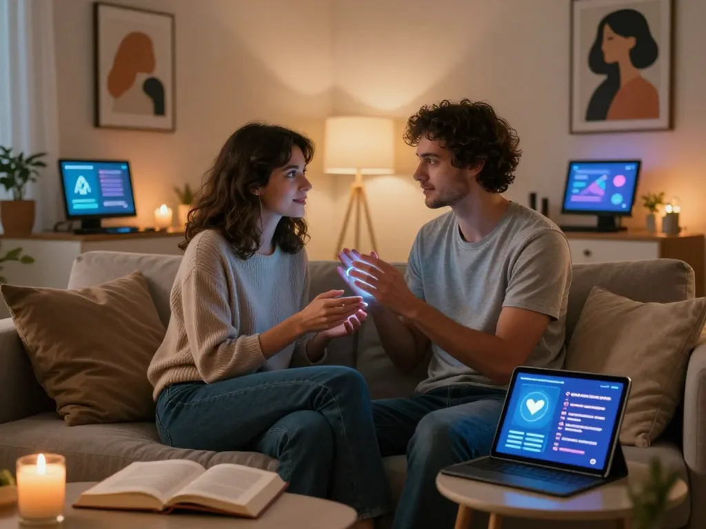 Couple exploring new dimensions of intimacy with AI sex technology in a cozy, modern living room