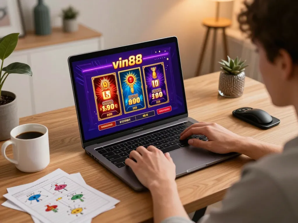 vin88 online gaming setup showcasing a laptop with casino interface and strategy notes