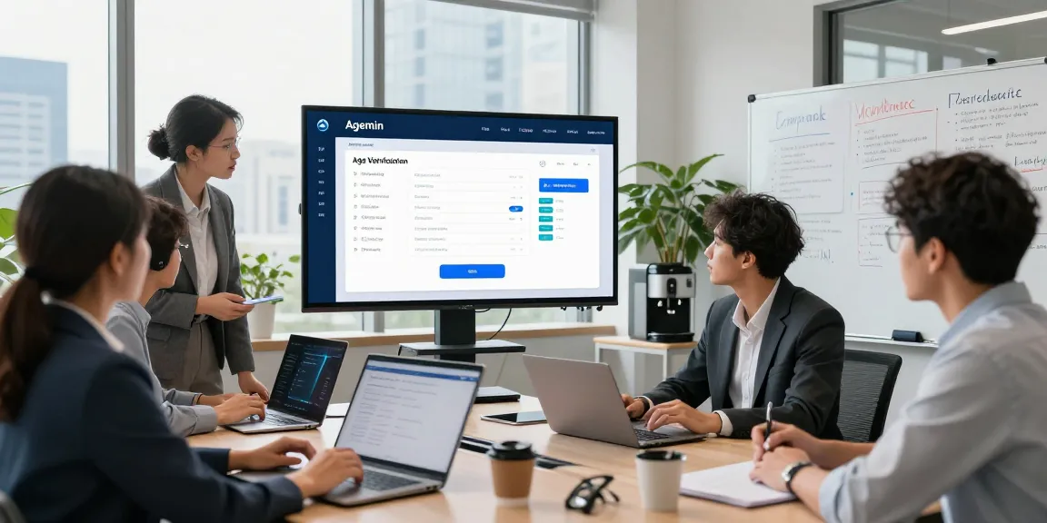 Team collaborating on the age verification system in a modern office.