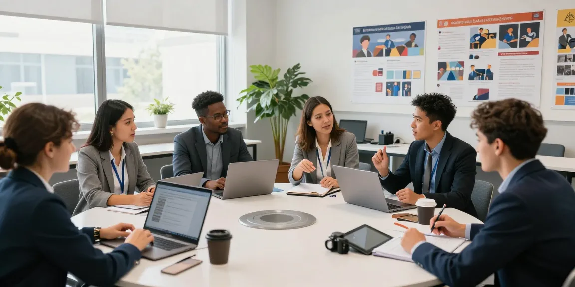 University and trade schools graduates collaborating in a vibrant classroom setting, showcasing diverse skills and teamwork.