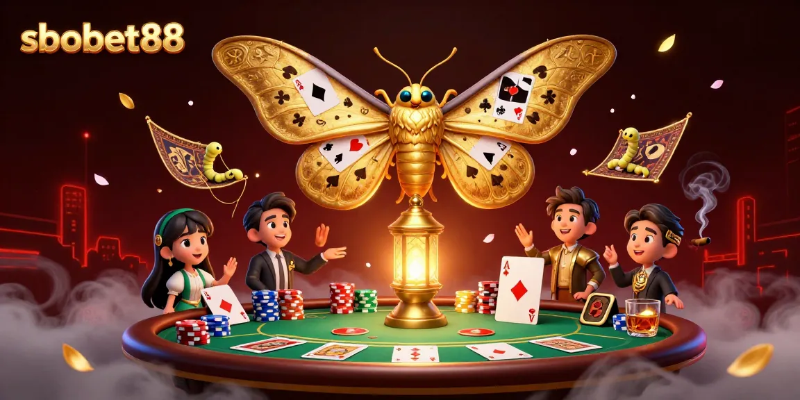 Experience sbobet88 casino excitement with a vibrant 3D scene of poker action and golden moths.