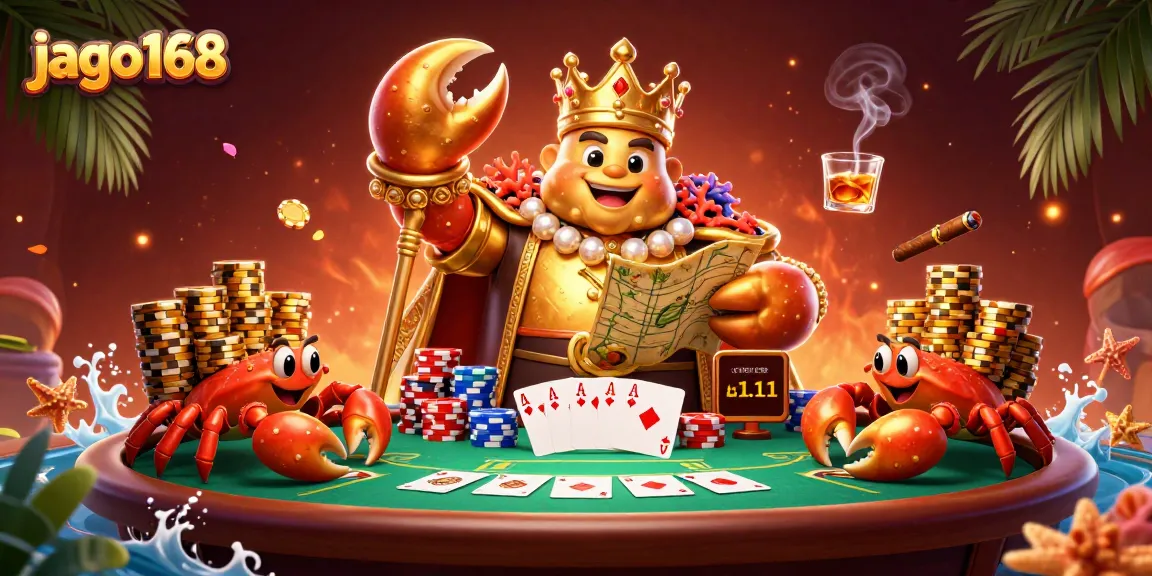 Experience winnings at jago168 with a golden crab emperor and poker elements in an exciting casino scene.