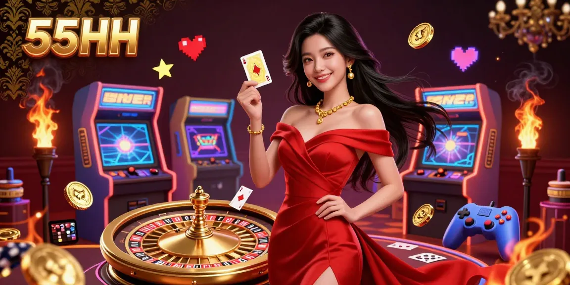 Experience the excitement at 55HH Casino with a stunning roulette wheel and vibrant gaming ambiance.
