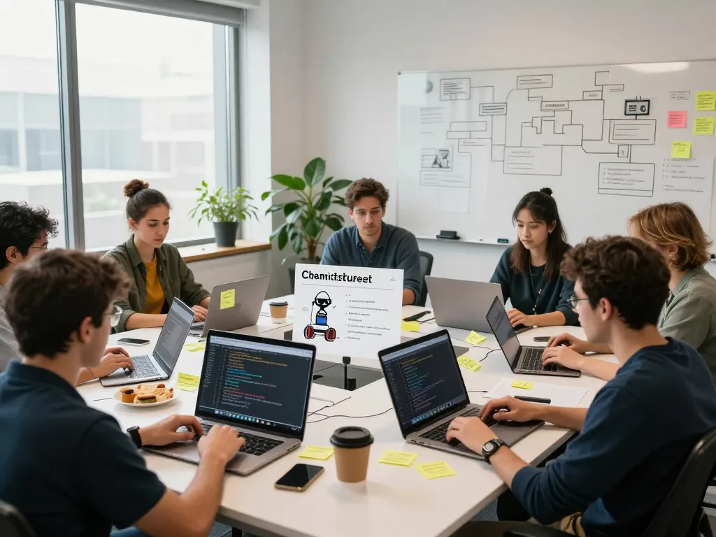 Developers collaborating on a clawbot project in a modern office.
