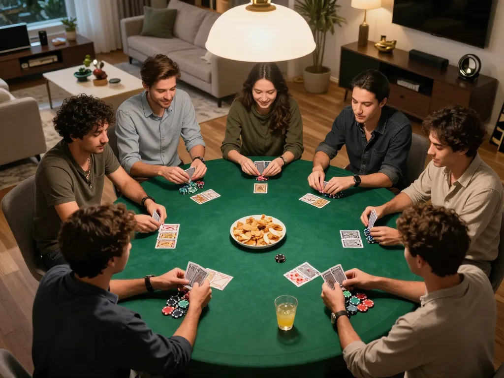 Friends engaging in a thrilling poker game at home, showcasing strategic betting moments with debet themes.