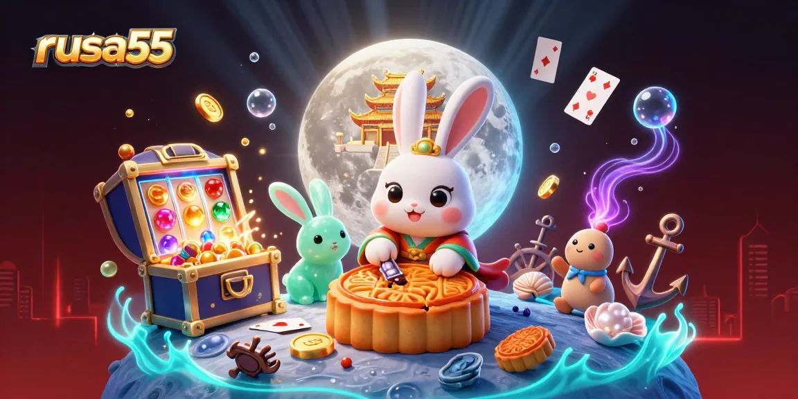 Engage with exciting slots at rusa55 featuring moon rabbits enjoying golden mooncakes and jackpot fun.