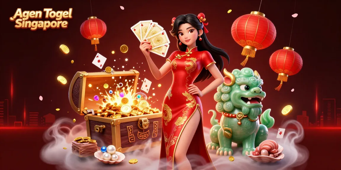 Agen Togel Singapore showcases thrilling lottery action with a vibrant detailed scene featuring traditional elements and golden coins.