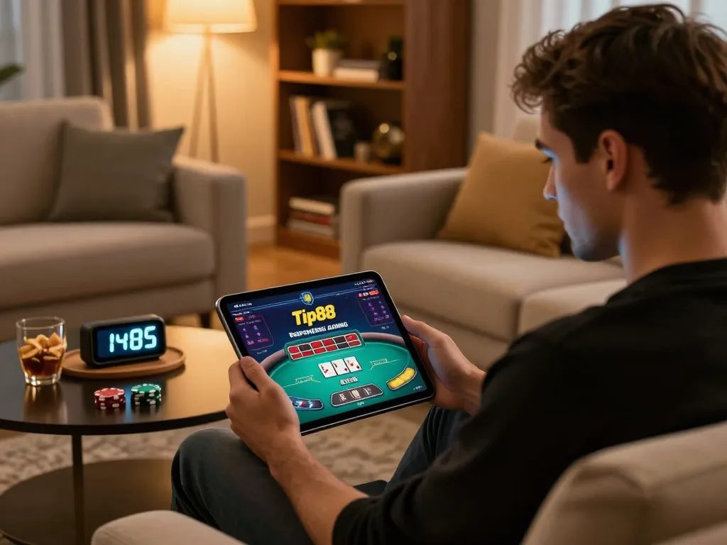 Player engaging on the tip88 app from home, immersed in a strategic poker game.