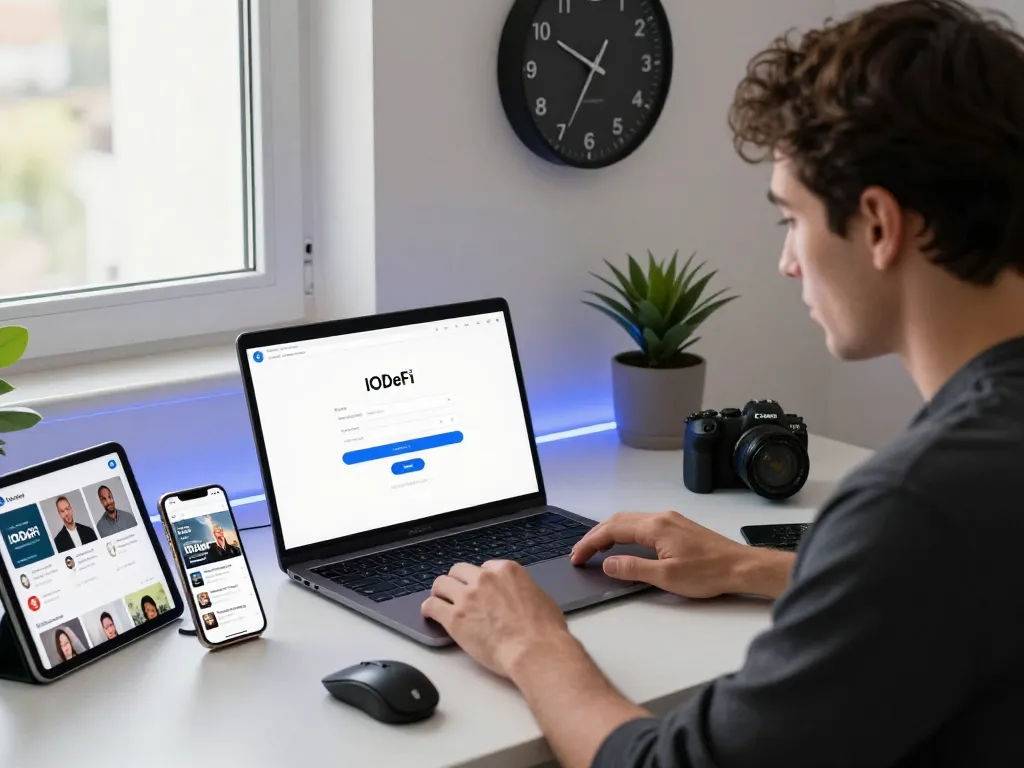 User focused on IODeFi login on laptop in tech-savvy home office, showcasing cryptocurrency engagement and modern workspace.