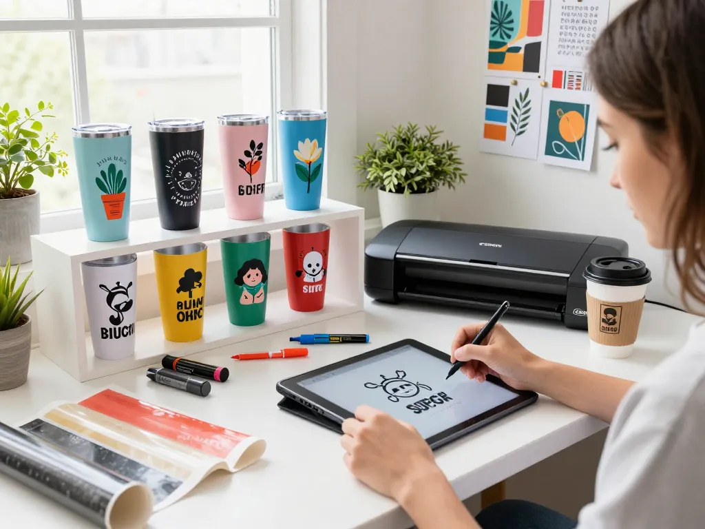 Creating unique tumbler designs using SVG files in a colorful workspace.