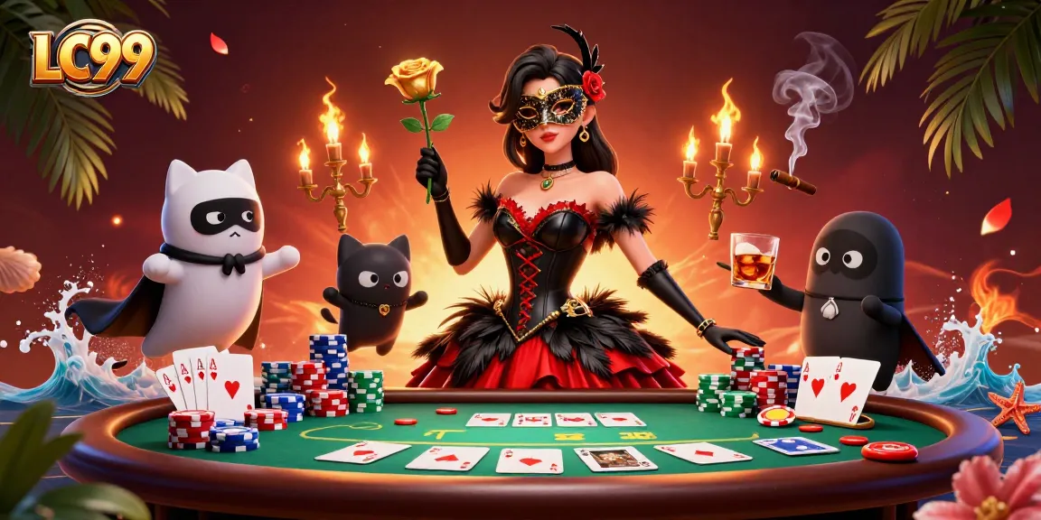 Experience thrilling poker action with LC99's vibrant casino illustration featuring chips and cards.