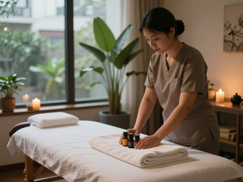 부천출장마사지 experience in a serene hotel room with massage therapist preparing aromatherapy session.