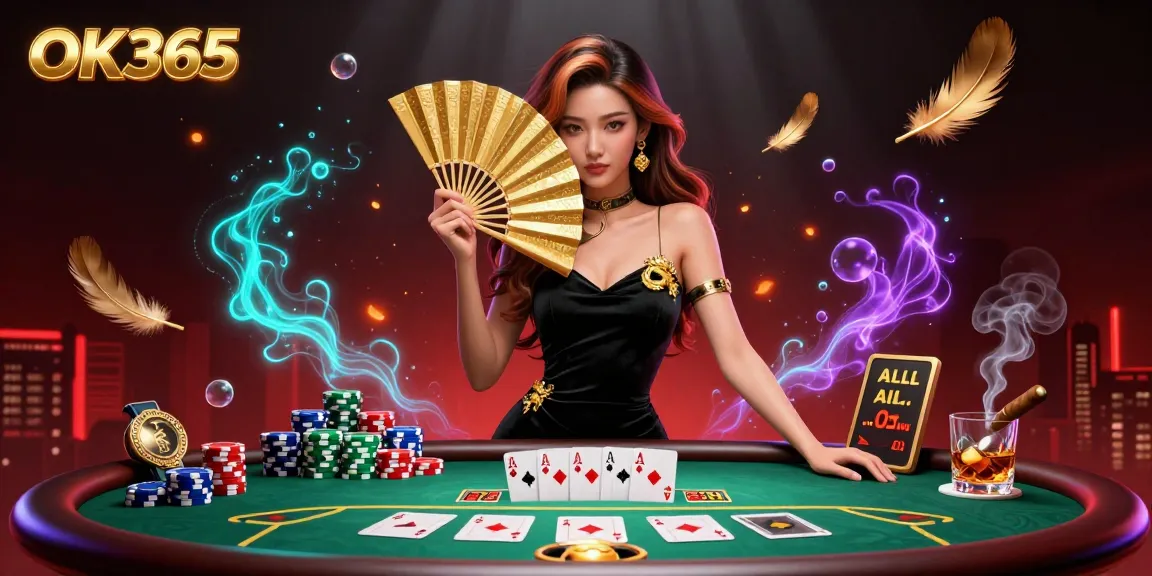 Experience elite gameplay at OK365 with a stunning Asian woman elegantly holding a golden fan, surrounded by poker elements.