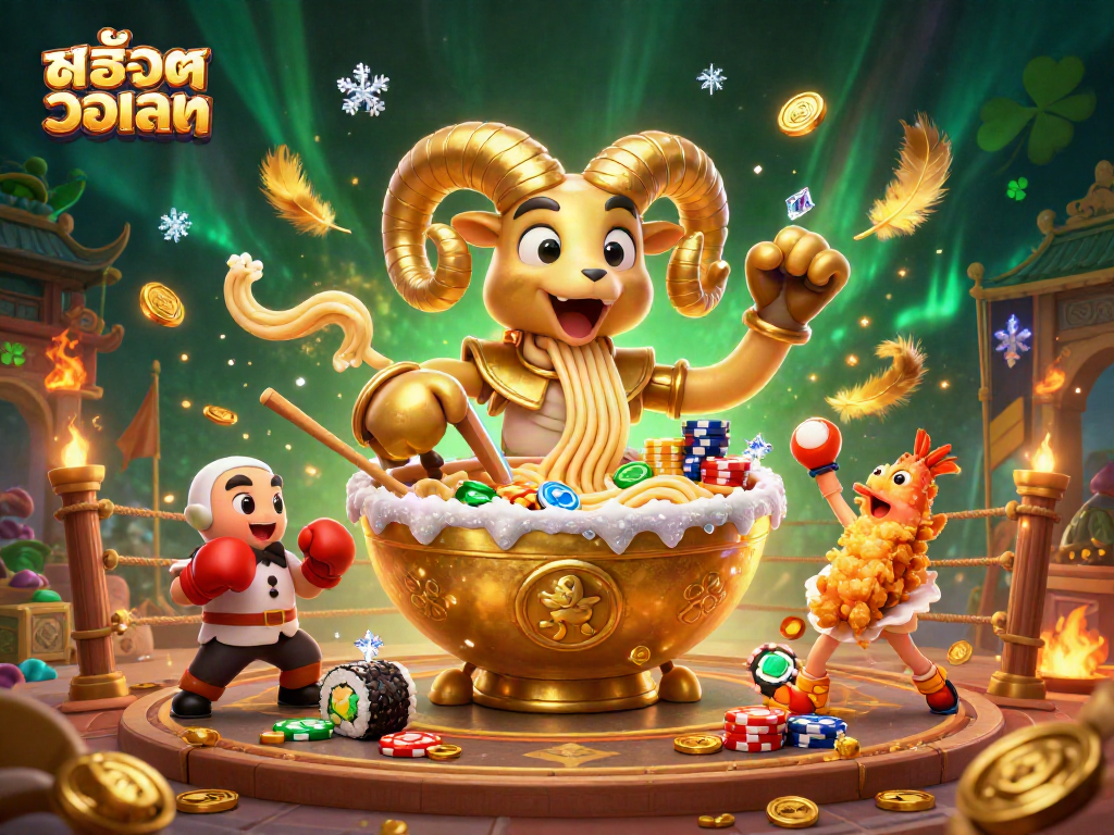 Spin the สล็อตวอเลท reels with a giant ramen bowl character amidst dynamic casino elements.