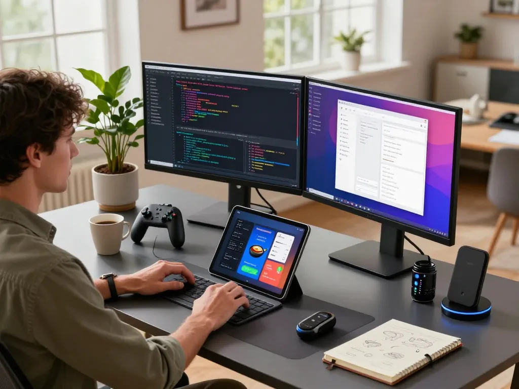 Engaging scene of a person in a tech workspace surrounded by smart tech gadgets, enhancing productivity.
