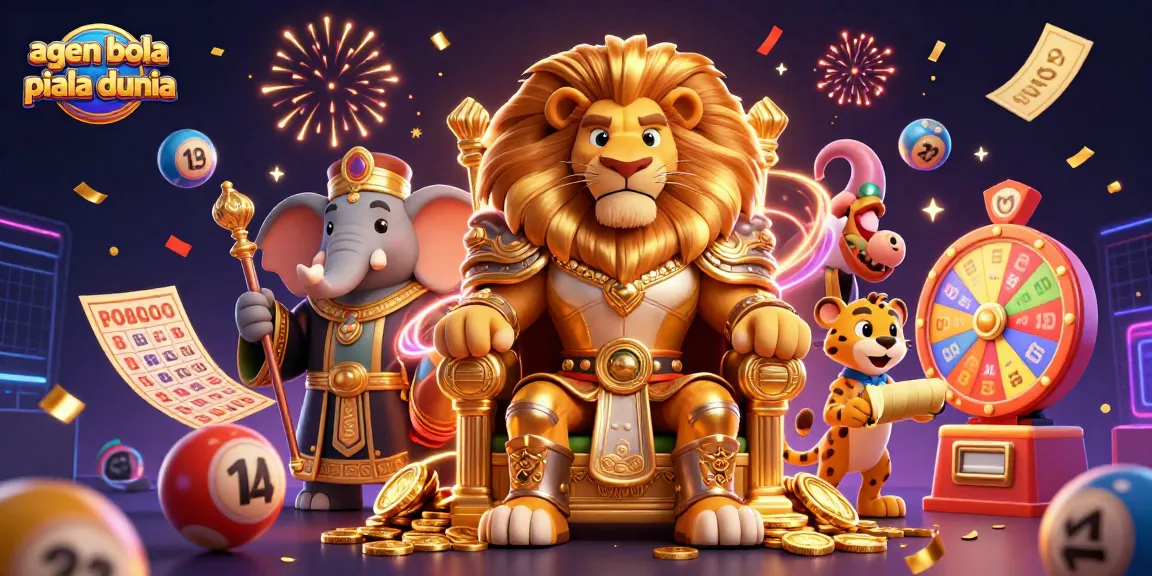 A vibrant depiction of 'agen bola piala dunia' showcasing a dynamic 3D illustration of a fierce lion king and lively game elements.