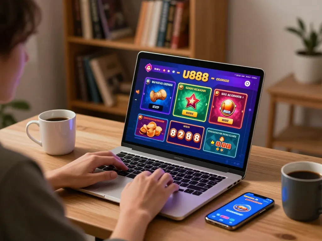 Engaging in u888 online casino gaming on laptop in a cozy home setup